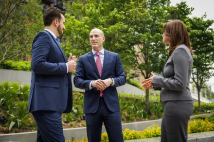 Three people in business attire stand outside having a discussion in front of greenery and modern buildings.