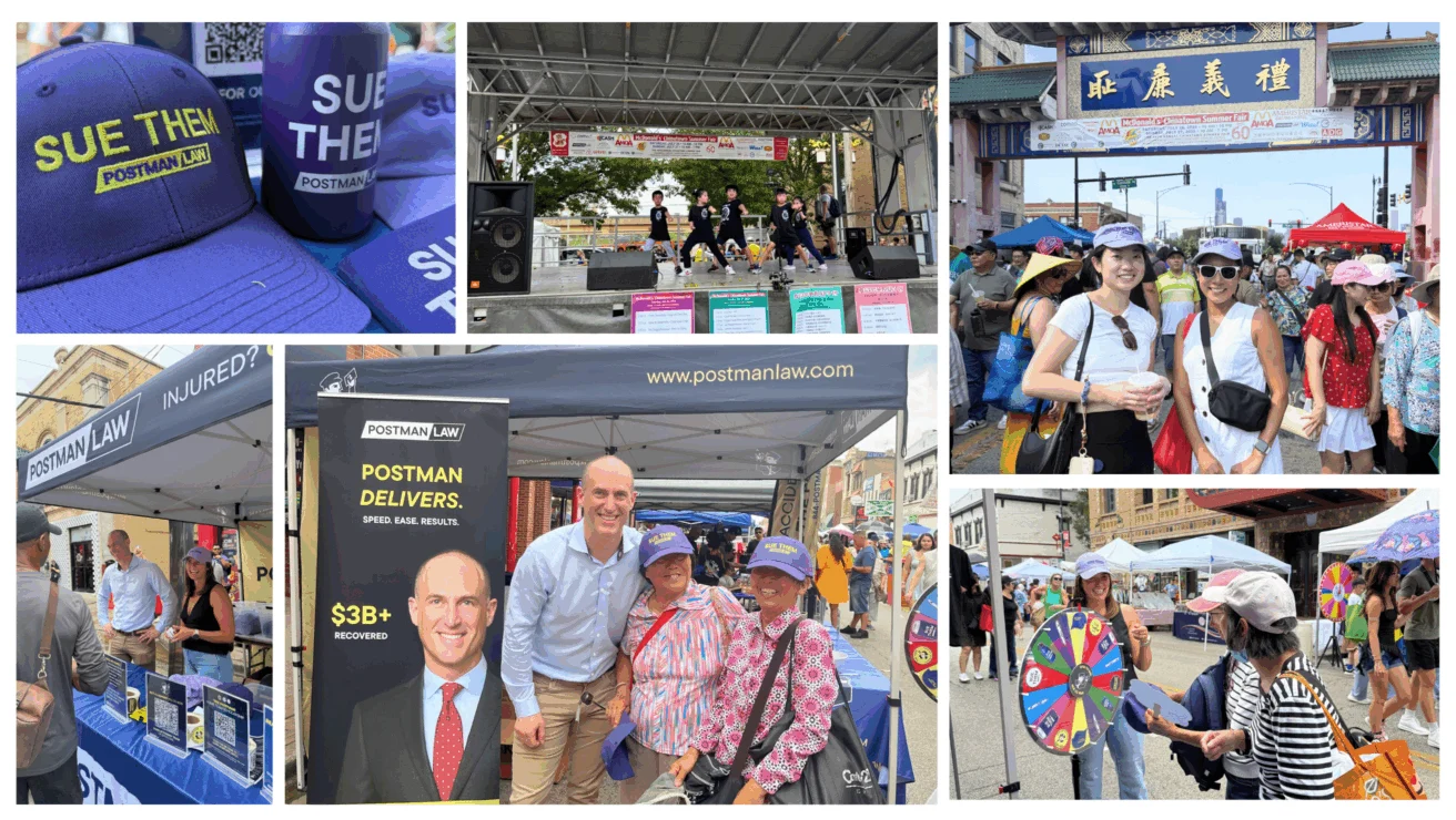 Collage of a legal firm's community event with branded hats, a stage performance, group photos, information booth, and people spinning a prize wheel in an outdoor market setting.