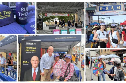 Collage of a legal firm's community event with branded hats, a stage performance, group photos, information booth, and people spinning a prize wheel in an outdoor market setting.