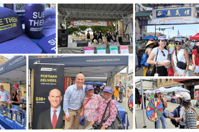 Collage of a legal firm's community event with branded hats, a stage performance, group photos, information booth, and people spinning a prize wheel in an outdoor market setting.