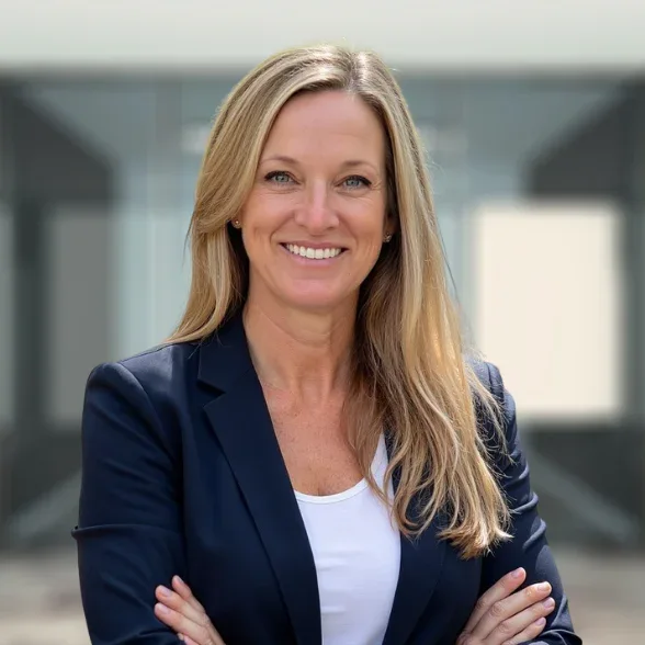 A woman with blonde hair, wearing a black blazer and patterned blouse, smiles at the camera in a modern office setting.