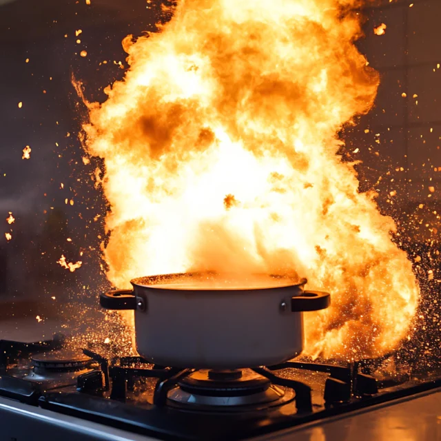 A pressure cooker on a gas stove on fire.