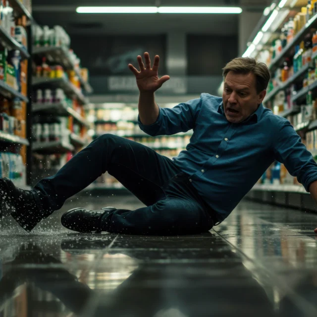 A man slips and falls on a wet floor in a grocery store aisle, with groceries visible on shelves in the background.