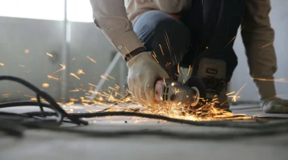 A person using an angle grinder on a metal object, producing bright sparks on the floor.
