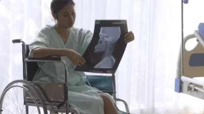 A person in a hospital gown sits in a wheelchair, examining an X-ray image of a skull next to a hospital bed.