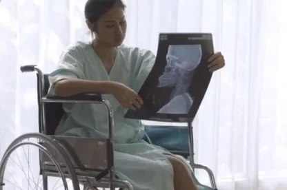 A person in a hospital gown sits in a wheelchair, examining an X-ray image of a skull next to a hospital bed.