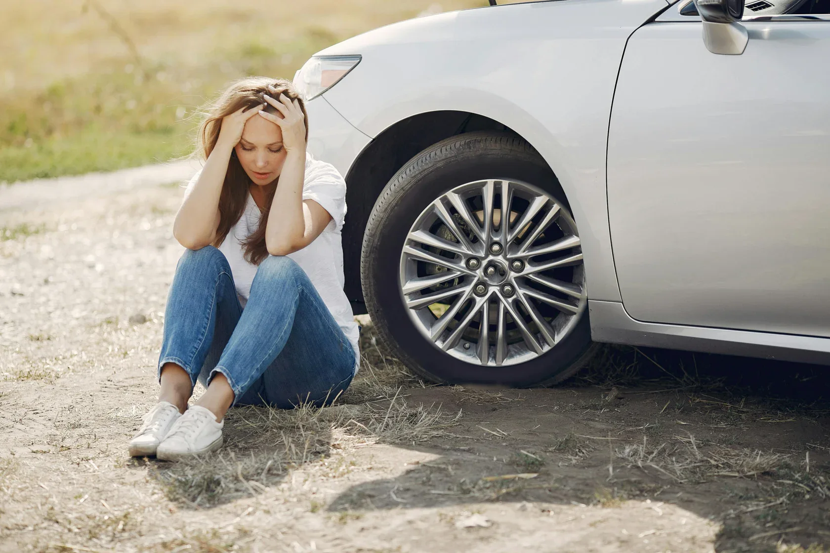 A woman sits on the ground next to a car with an open hood, holding her head in her hands and appearing distressed.
