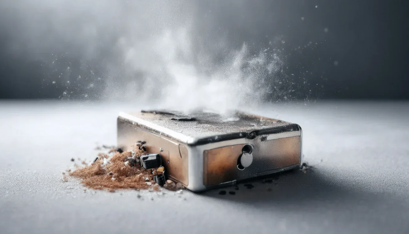 A damaged, dusty electronic device with debris and circuitry exposed, emitting a cloud of dust or smoke from its top surface.