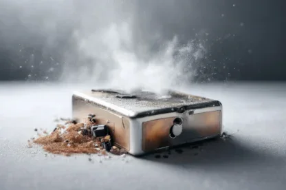 A damaged, dusty electronic device with debris and circuitry exposed, emitting a cloud of dust or smoke from its top surface.